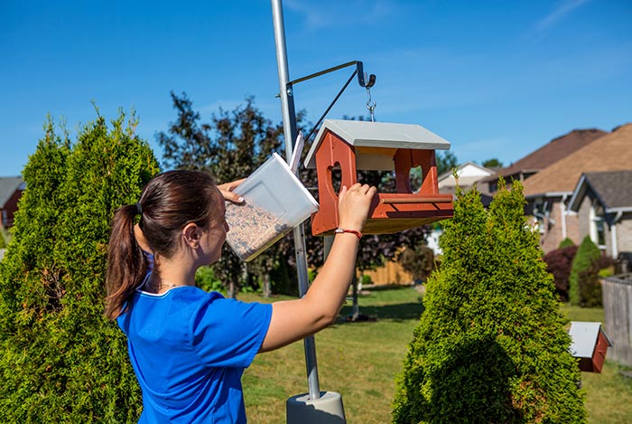 Woman putting seeds in bird feeder