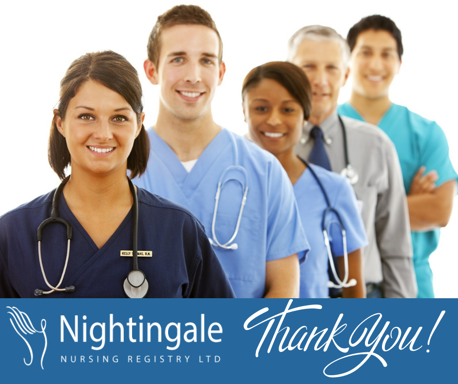 Picture of five health care workers smiling. Text Reads: Thank you!
